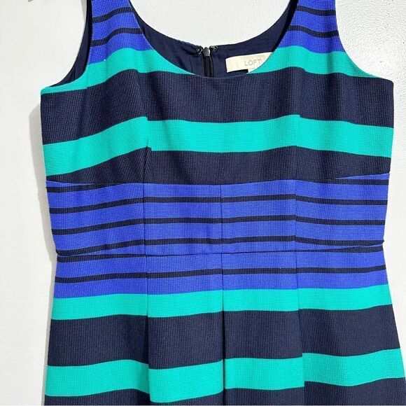 Ann Taylor Loft Dress Blue and Navy and Green Stripe Sheath Dress. Size 6 - Picture 2 of 7